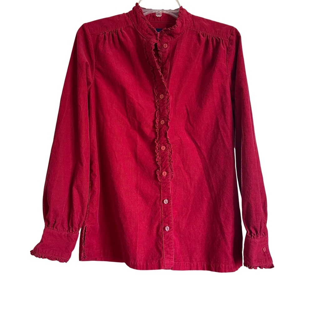 Denim Co Red Corduroy Ruffle Neck Button Front Shirt Size M Regencycore Coquette